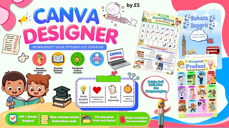 Worksheet anak: hijaiyah, doa harian, b.Inggris, profesi, mewarnai, menebalkan huruf, menulis,dll.