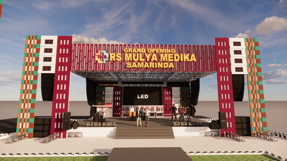Backdrop panggung riging terinspirasi konsep bangunan RS Mulya Medika, bergaya modern & profesional.