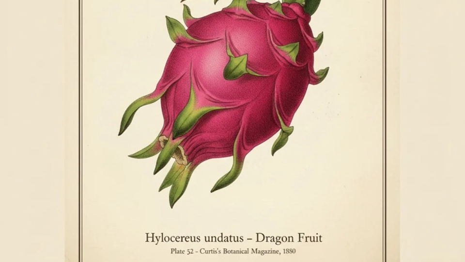 Vintage Dragon Fruit Illustration with Green Leaves Poster.