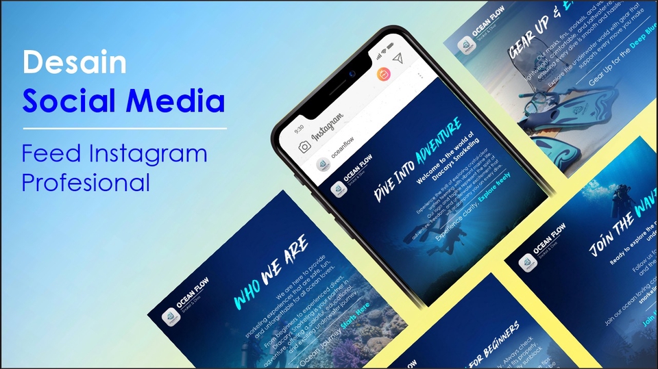 Desain feed Instagram bertema snorkeling tropis dengan warna biru laut yang menenangkan.