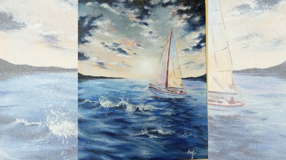 Lukisan pemandangan laut dengan cuaca cerah dan air laut yang tenang