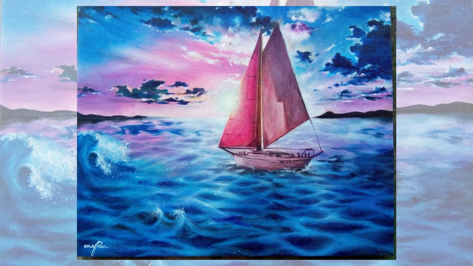 Lukisan pemandangan laut dengan senja cantik dan memukau