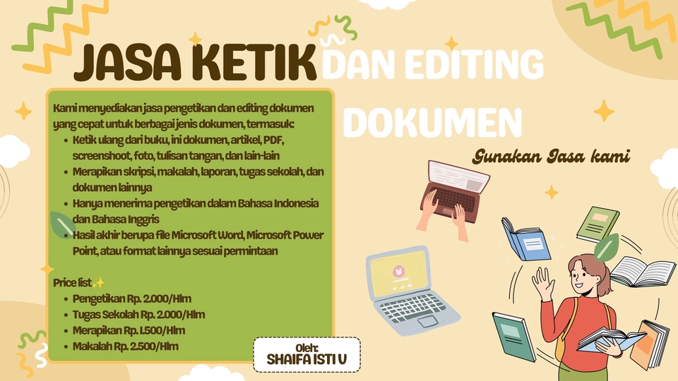 *Jasa Pengetikan dan Editing Dokumen*
Kami menyediakan jasa pengetikan dan editing dokumen