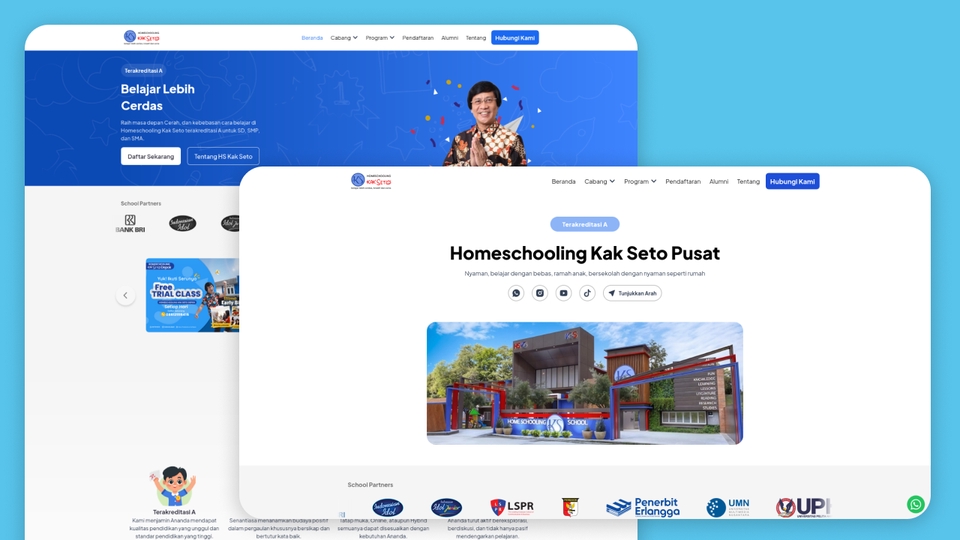 Company profile Homeschooling Kak Seto, menampilkan layanan, link whatsapp, dan cabang sekolah