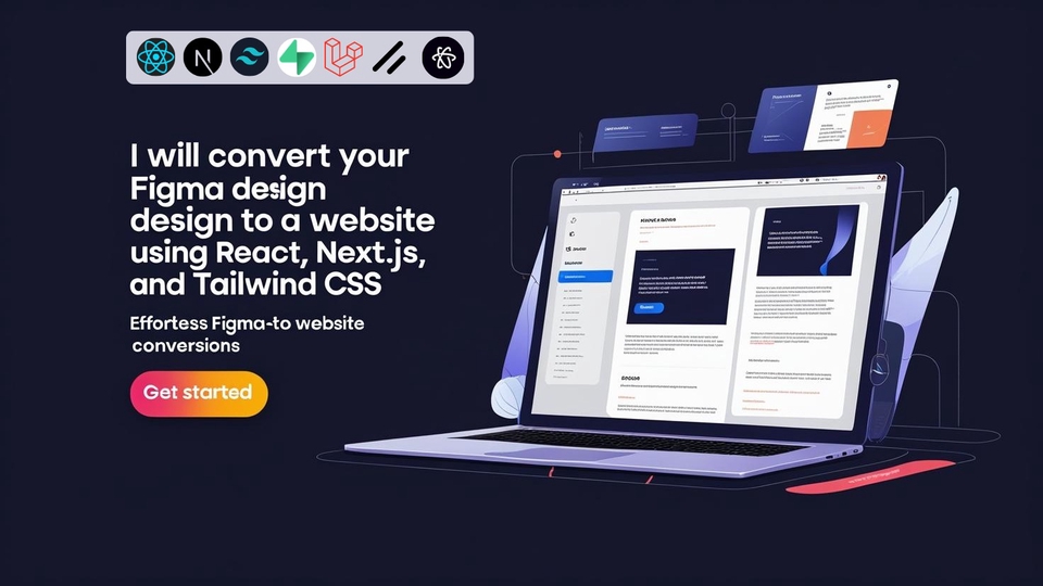 Desain cover jasa konversi Figma ke website menggunakan React, Next.js, dan Tailwind CSS.