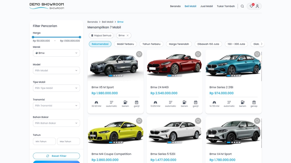 Platform showroom mobil dengan stok, dashboard, jual beli & tukar tambah.