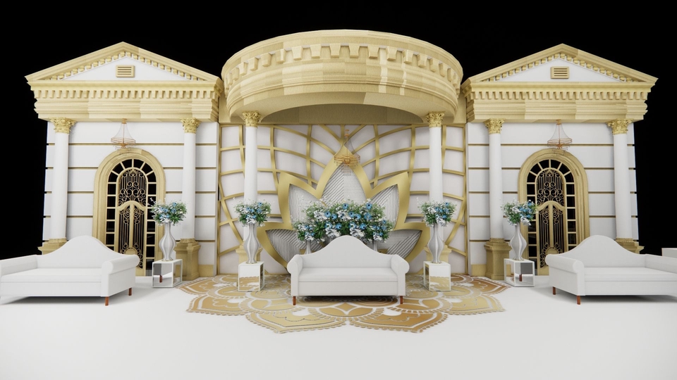Backdrop wedding bertema klasik dengan sentuhan elegan dan mewah, menciptakan suasana romantis.