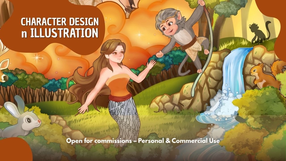 Ilustrasi karakter bertema cerita rakyat "Lutung Kasarung dan purbasari