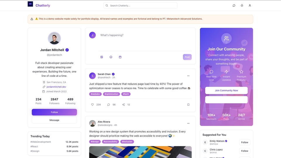 Chatterly: Aplikasi media sosial simulatif yang dibuat untuk keperluan portofolio.
