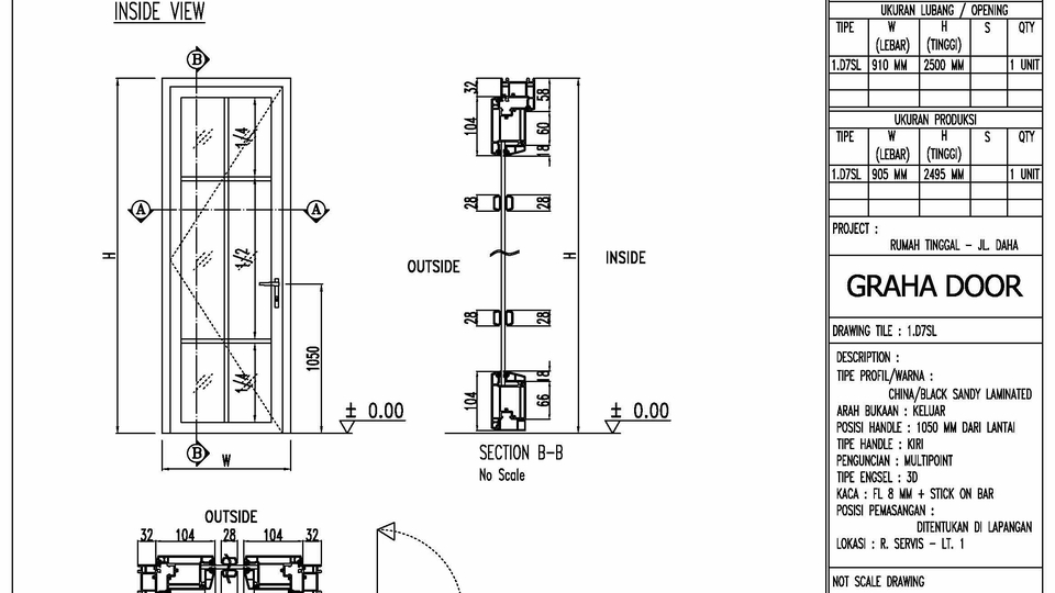 Shop drawing pintu & kusen uPVC/aluminium, akurat, detail, siap produksi, pengalaman >20 tahun