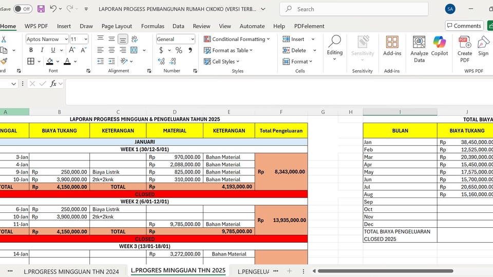 Laporan Progress Mingguan & Pengeluaran Proyek Konstruksi.