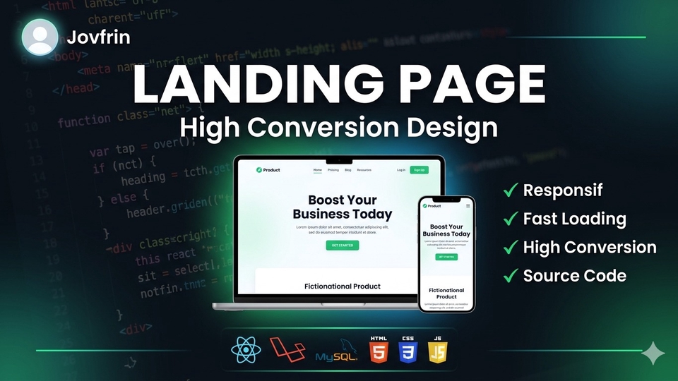 Jasa landing page profesional, high conversion, responsif, React + Laravel, source code included.