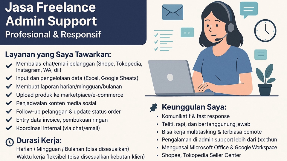 Jasa Admin Online Shop Shopee, Tokopedia, Lazada dan Lainnya - 💼 Jasa Freelance Admin Support | Profesional & Responsif