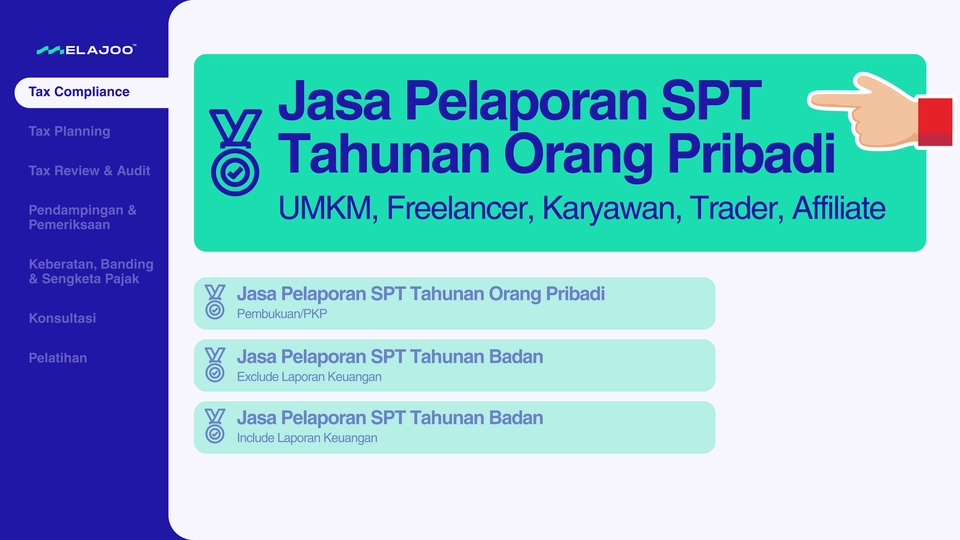 Jasa Pelaporan SPT Tahunan Orang Pribadi
UMKM, Freelancer, Karyawan, Trader, Affiliate
(1 – 2,5 jt)