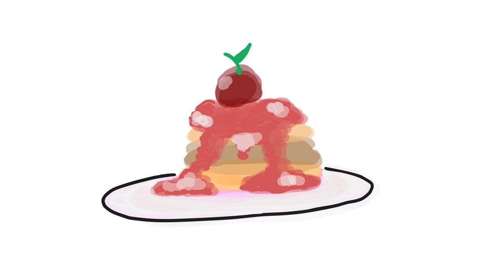 a pancake with cherry topping and delicious strawberry sauce