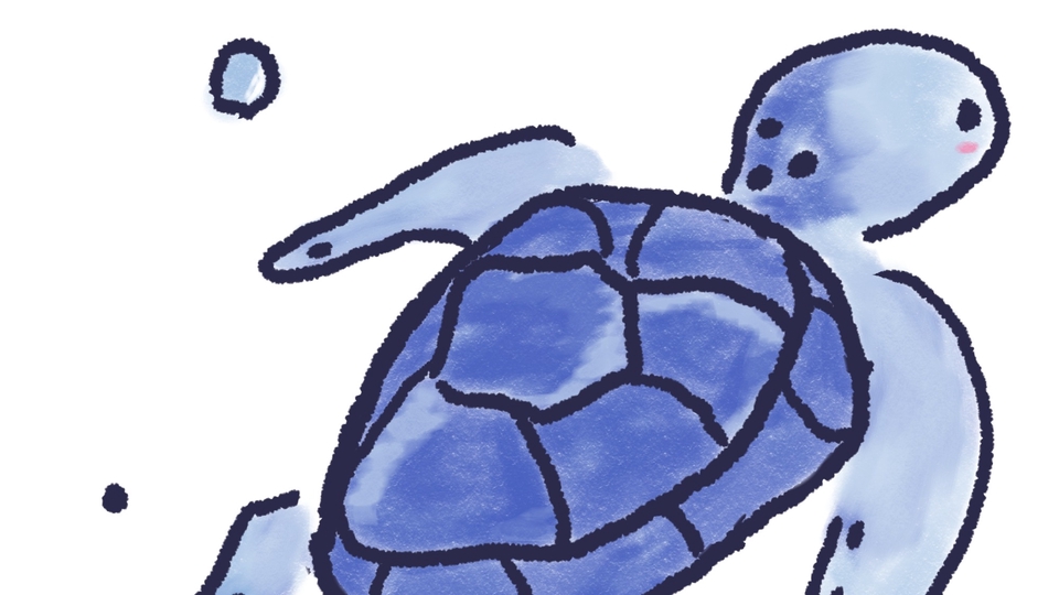 a cute blue turtle swimming free and happily in the ocean.