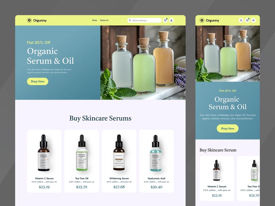 Desain UI e-commerce skincare organik, responsif dan menarik untuk toko online kecantikan.
