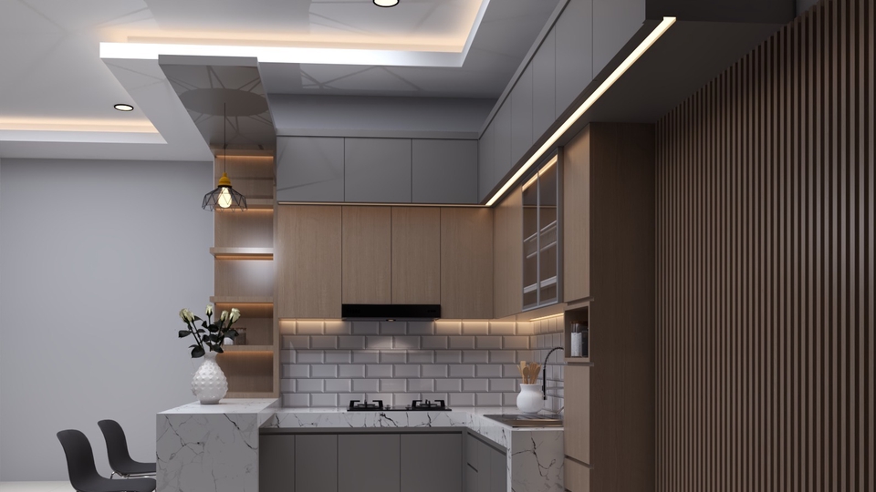 Render 3D Dapur Modern Realistis. Fokus Marmer, Kayu, & Hidden Light.