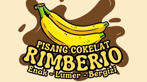 Logo pisang cokelat RIMBERIO menggambarkan camilan lezat, lumer, bergizi, dan mudah dikenali

