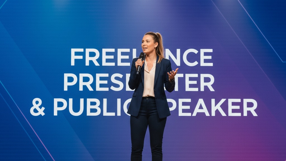 Freelancer profesional siap presentasi dengan gaya modern, percaya diri, dan penuh karisma.