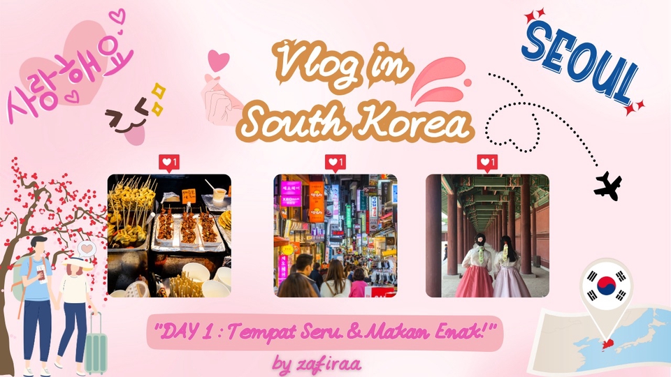 Thumbnail vlog Korea, desain estetik pink, cocok untuk konten travel & kuliner.