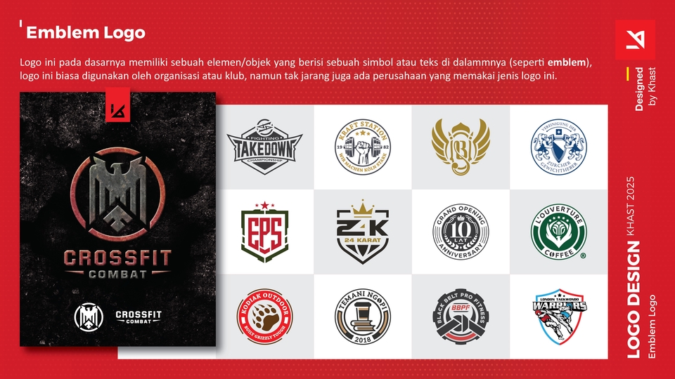 Logo emblem tampil kokoh dan simbolik, cocok untuk klub, organisasi, atau brand berkarakter kuat.