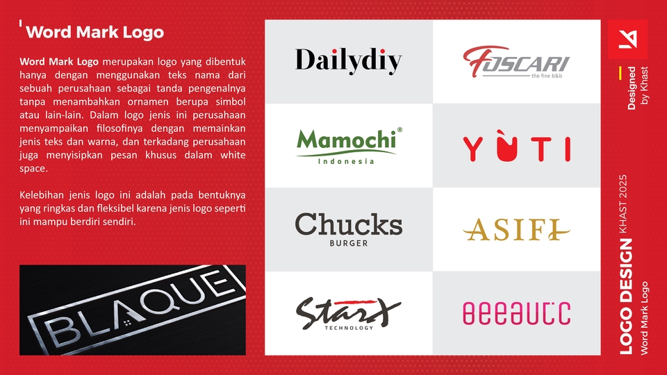 Logo wordmark KHAST menekankan kekuatan nama merek melalui tipografi khas yang fleksibel dan elegan.