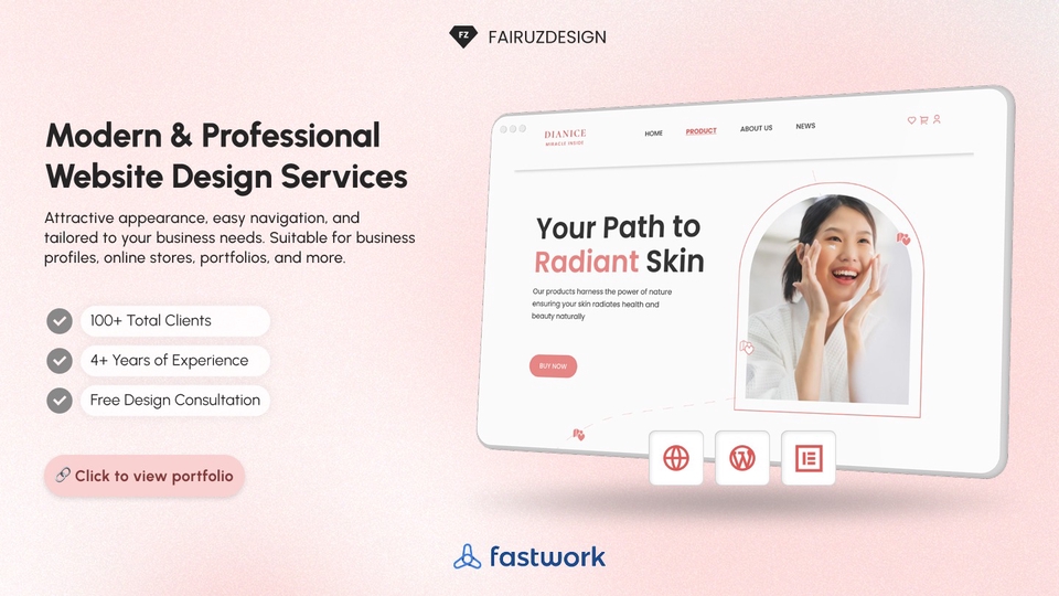 Clean, modern web design service with 100+ clients served.