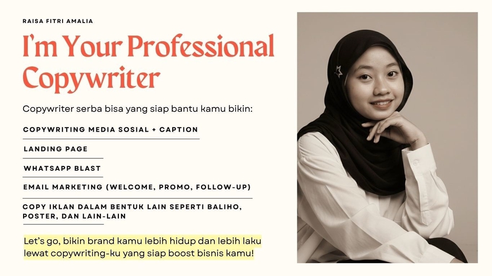 Copywriter berpengalaman untuk iklan media sosial dan caption, marketing, landing page.