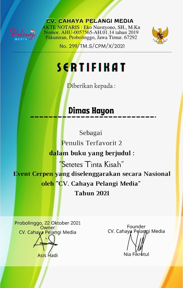 Masuk dalam kategori penulis terfavorit dalam event cerpen nasional