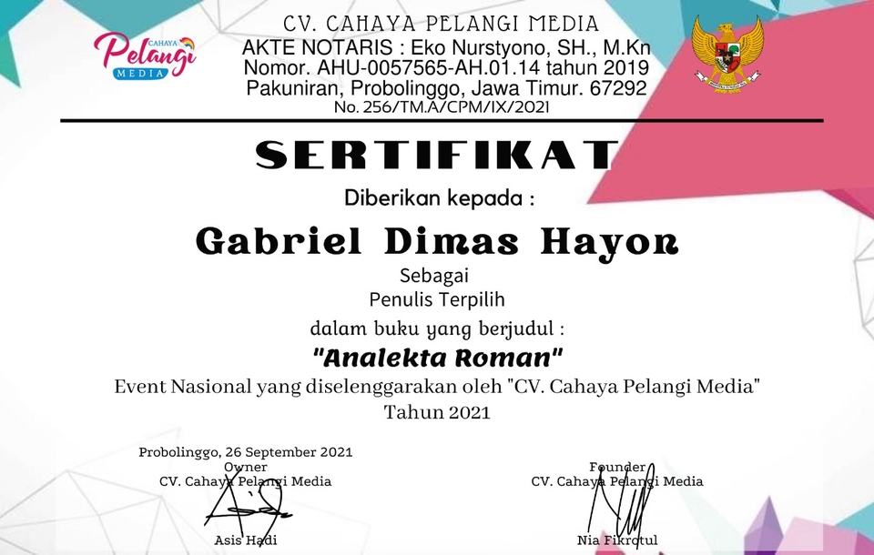 Masuk kategori penulis terpilih dalam lomba penulisan cerita pendek event nasional