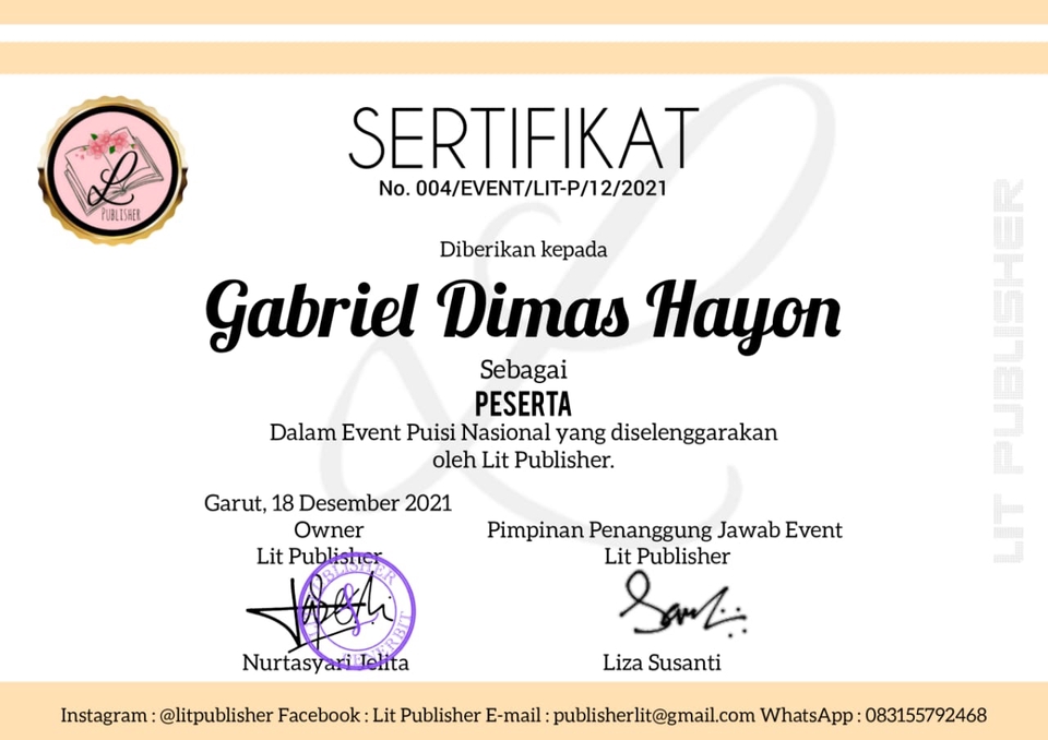 Sertifikat peserta event lomba cerpen