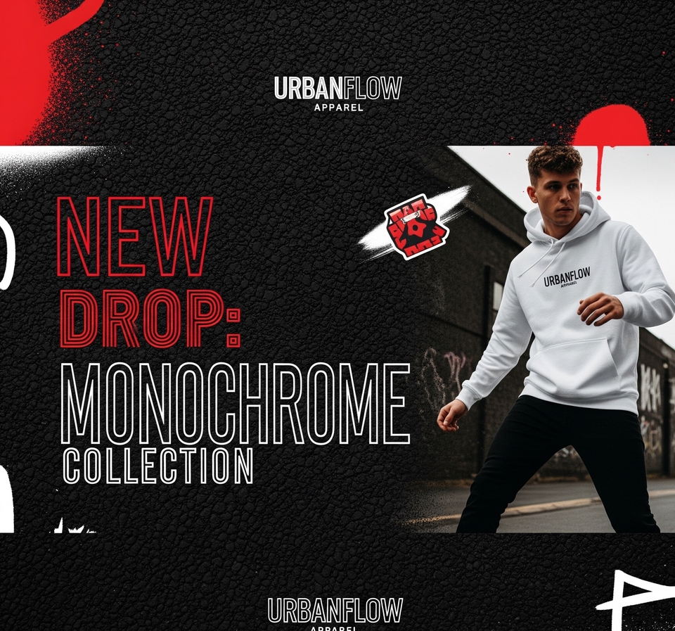 Fashion & Streetwear (UrbanFlow Apparel)
Desain 'NEW DROP:Monochrome Collection yang bold&urban.