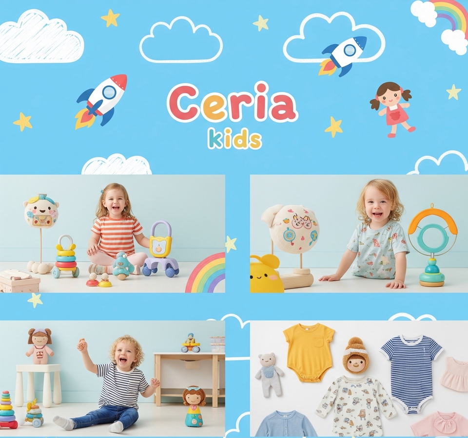 Jadikan toko Anda lebih ceria Banner'Ceria Kids'ini menampilkan promo produk anak yang menggemaskan.