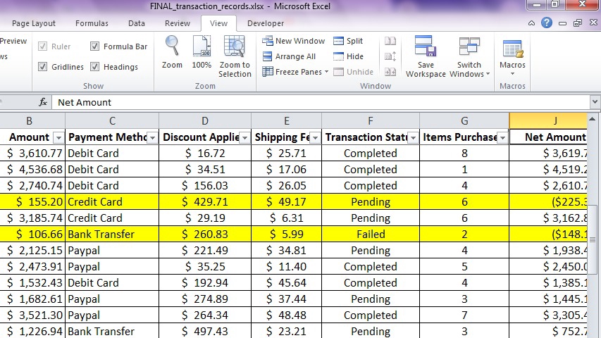 Data transaksi yang telah dirapikan dan dihitung Net Amount menggunakan rumus Excel
