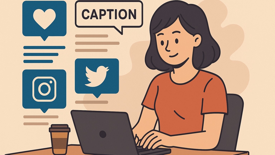 Pekerja lepas yang bekerja secara mandiri dari mana saja sebagai penulis caption social media