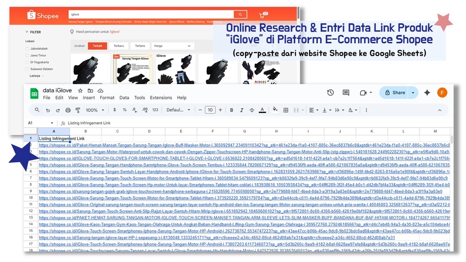 Web research & entri data link produk iGlove dari Shopee ke Google Sheets