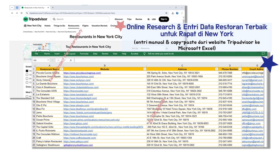 Web research & entri data top restoran untuk meeting di New York dari website Tripadvisor ke Excel