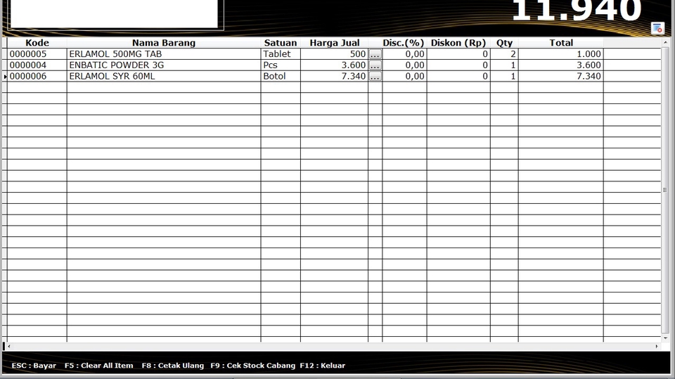 Contoh tampilan penjualan kasir
