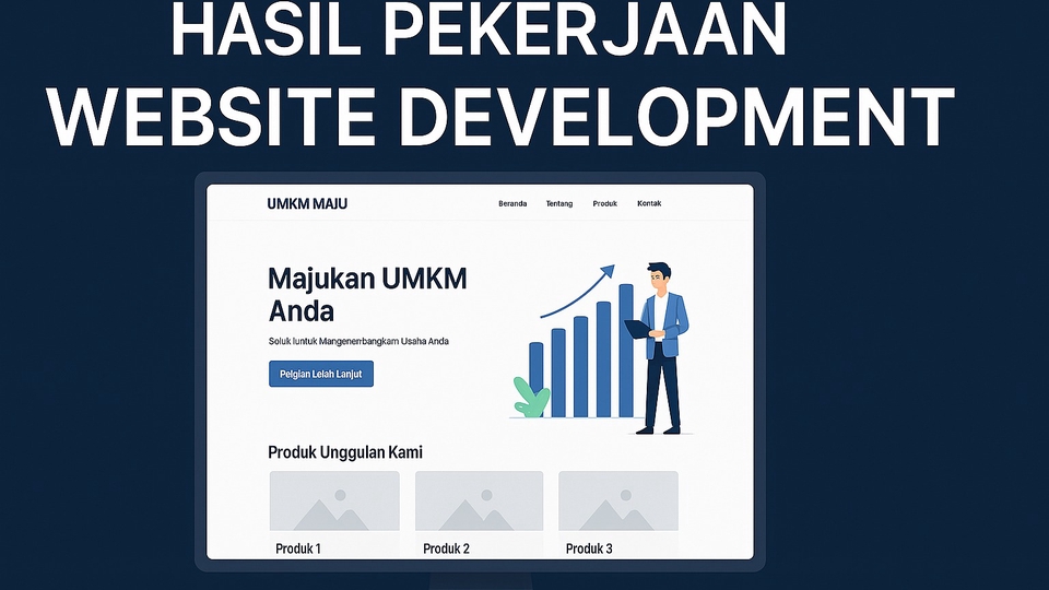 Desain ini menampilkan hasil pekerjaan website development profesional dengan tampilan modern,bersih