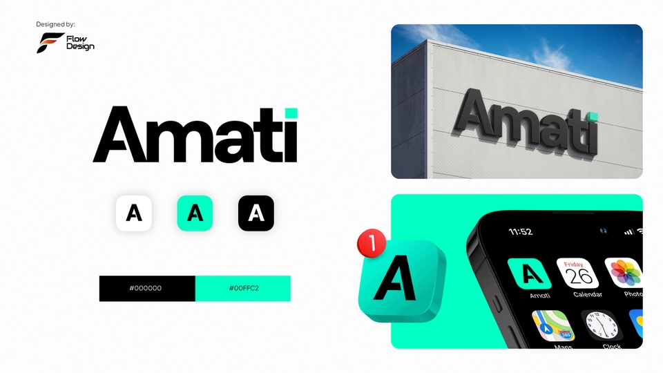 Desain Logo “Amati” modern dengan tipografi tegas, aksen hijau cerah, simpel dan elegan.