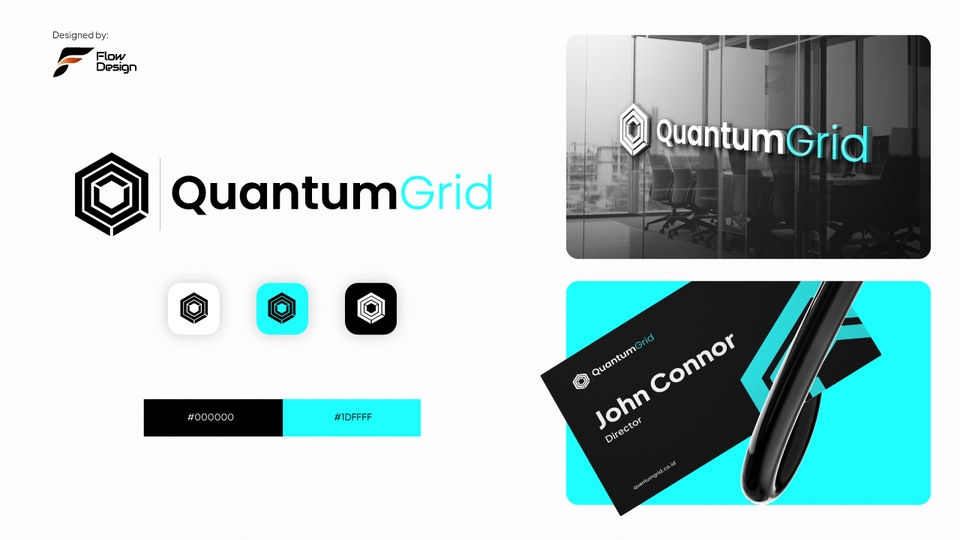 Desain Logo “QuantumGrid” futuristik dengan bentuk hexagon hitam biru, simpel dan modern.