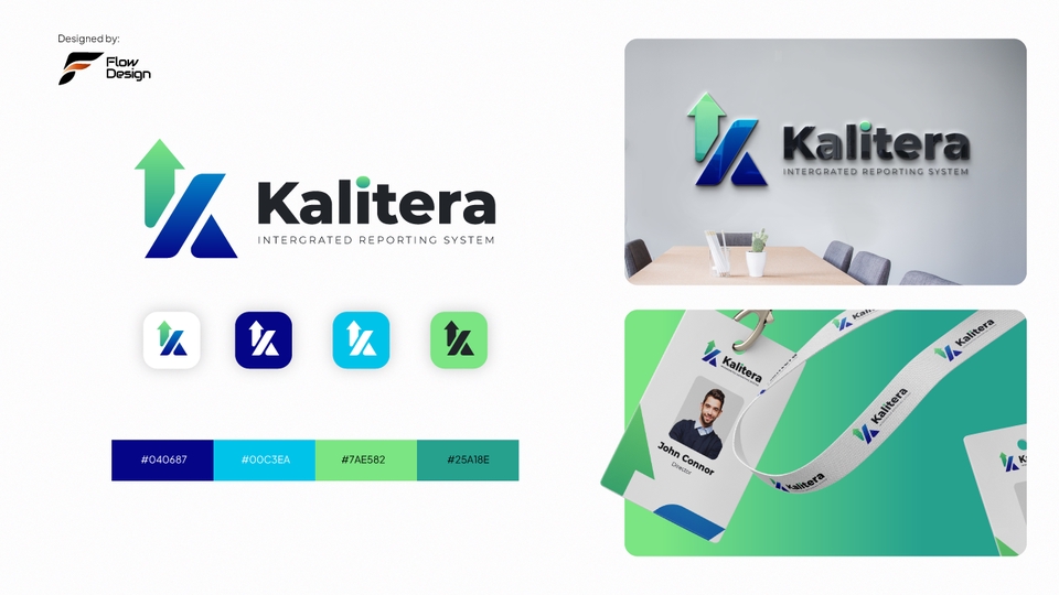 Desain Logo “Kalitera” profesional dengan panah hijau biru, simbol pertumbuhan dan sistem modern.