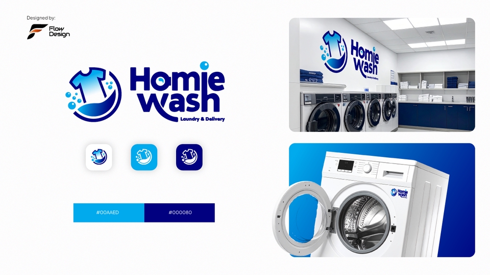 Desain Logo “Homiewash” biru dengan ikon kaos dan gelembung, segar untuk layanan laundry modern.