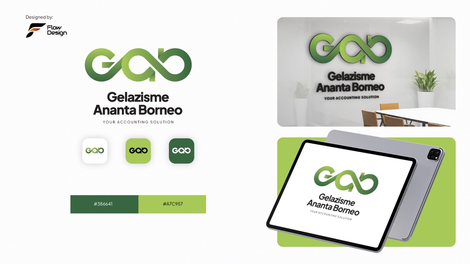Desain Logo “GAB” hijau modern dengan simbol infinity, elegan untuk identitas bisnis profesional.