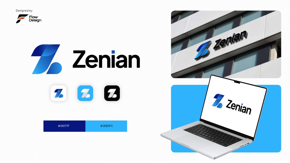 Desain Logo modern “Zenian” dengan huruf Z biru gradien, tampilan elegan dan profesional.