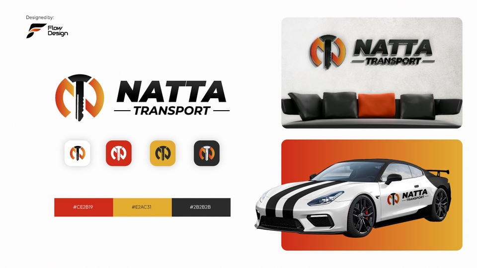 Desain Logo “Natta Transport” bold dengan ikon roda dan warna merah kuning, kuat dan dinamis.
