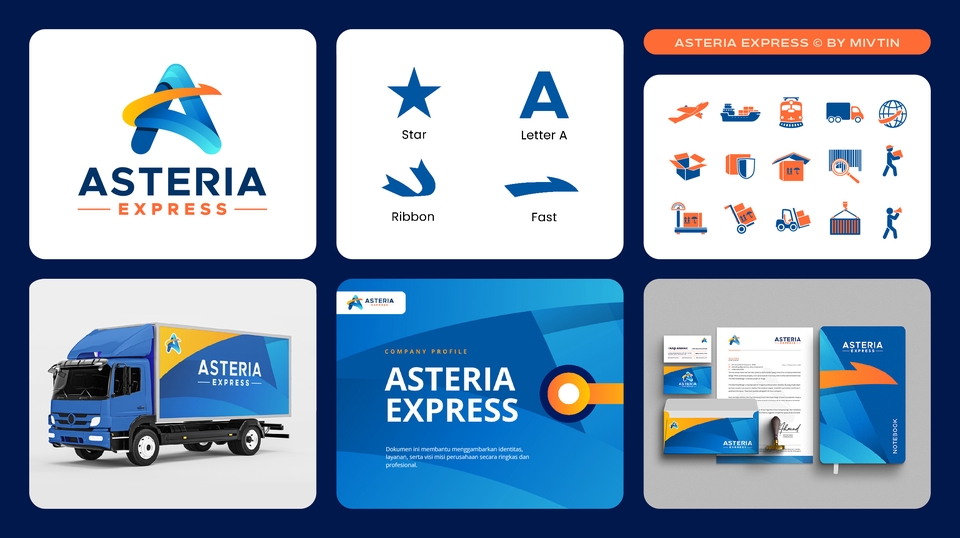 Logo branding perusahaan jasa pengiriman. Style modern dinamic sekaligus desain stationary kit