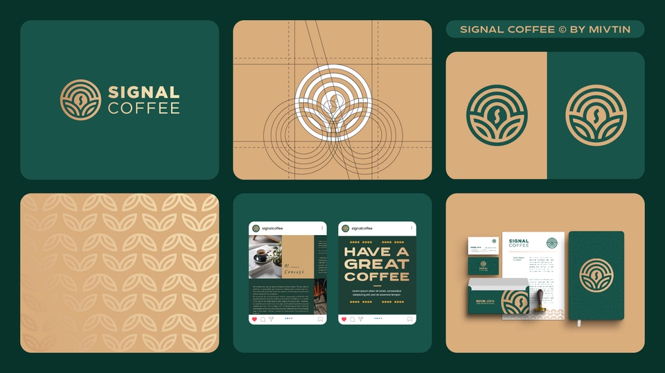 Logo branding cafe shop dengan style modern memiliki monogram perpaduan huruf S + biji kopi + sinyal