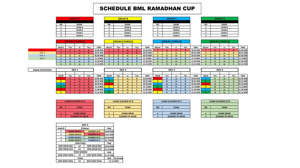 desain jadwal mini tournament jelas, informatif, dan mudah dipahami oleh peserta dan penonton